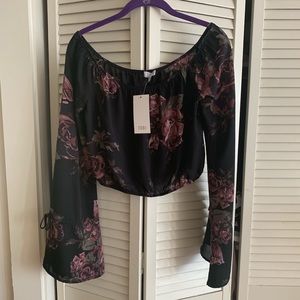 Off the Shoulder Bell Sleeve Rose Print Blouse